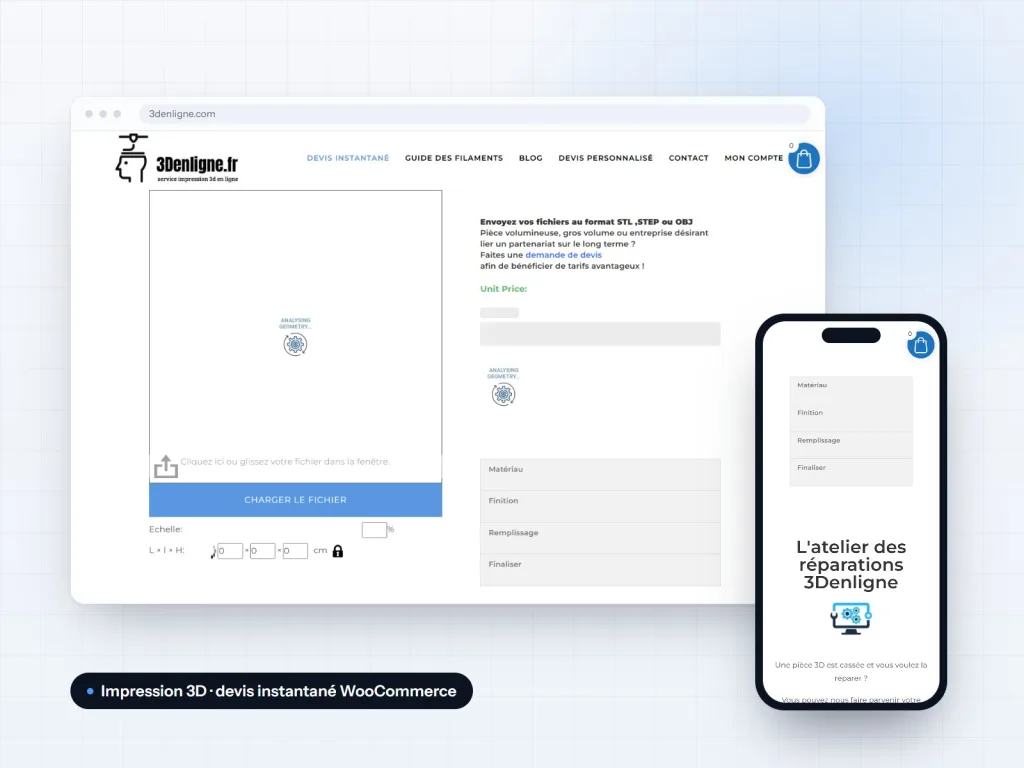 Captures du site 3Denligne : dépôt du fichier 3D et devis d’impression instantané sur ordinateur, configurateur et atelier de réparation sur mobile