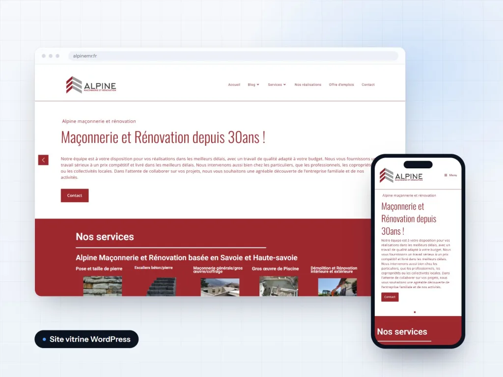 Captures du site Alpine Maçonnerie et Rénovation sur ordinateur et mobile