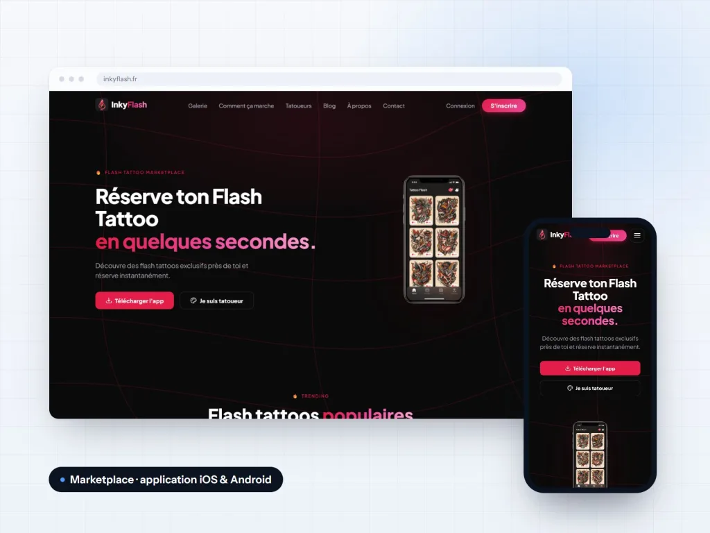 Accueil d’Inkyflash sur ordinateur et sur mobile : marketplace de flash tattoos, boutons « Télécharger l’app » et « Je suis tatoueur »
