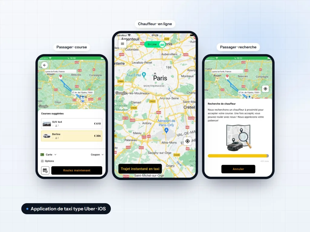 Trois captures App Store de Taxi moto 75 dans des téléphones : choix de la course côté passager, carte de Paris du chauffeur en ligne, recherche d’un chauffeur à proximité
