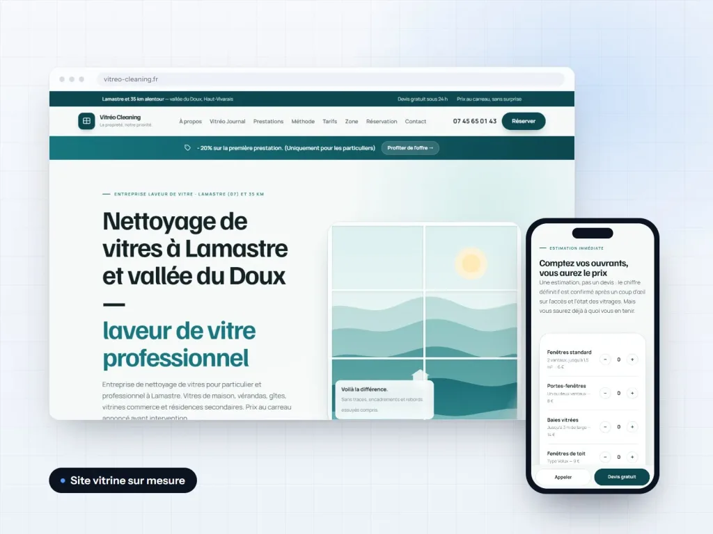 Illustration du projet Vitréo Cleaning : site vitrine avec simulateur de devis de nettoyage de vitres
